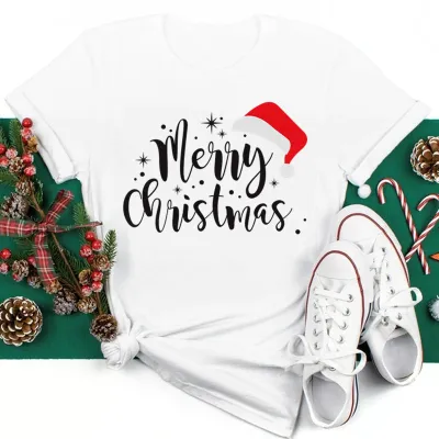 Women's Fashion Casual Santa Claus Printed Short-Sleeve T-Shirt for Party Christmas