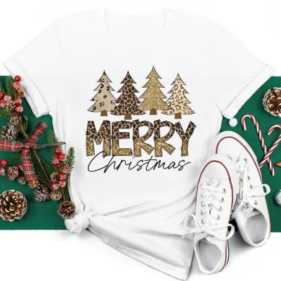 Women's Fashion Casual Santa Claus Printed Short-Sleeve T-Shirt for Party Christmas