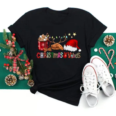 Women's Fashion Casual Santa Claus Printed Short-Sleeve T-Shirt for Party Christmas
