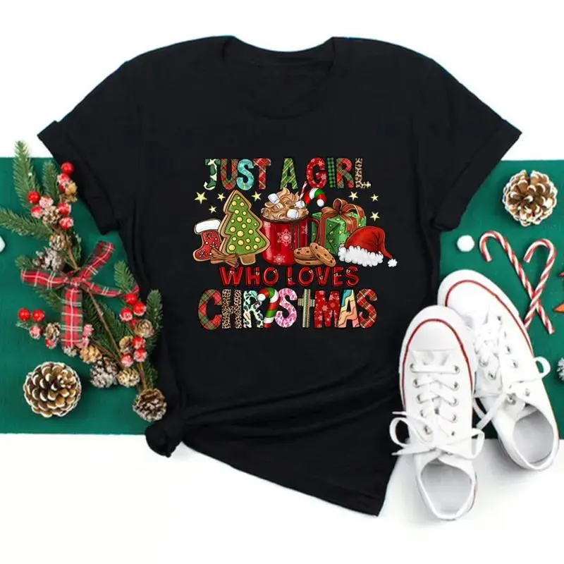 Women's Fashion Casual Santa Claus Printed Short-Sleeve T-Shirt for Party Christmas