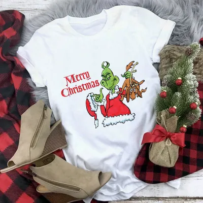 Women Casual Merry Christmas Printed Short Sleeve T-Shirt Crewneck Loose