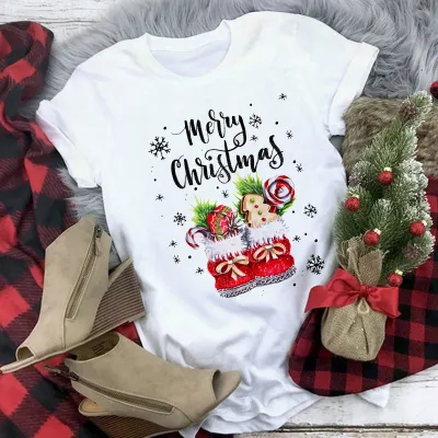 Women Casual Merry Christmas Printed Short Sleeve T-Shirt Crewneck Loose