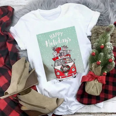Women Casual Merry Christmas Printed Short Sleeve T-Shirt Crewneck Loose