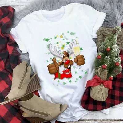 Women Casual Merry Christmas Printed Short Sleeve T-Shirt Crewneck Loose