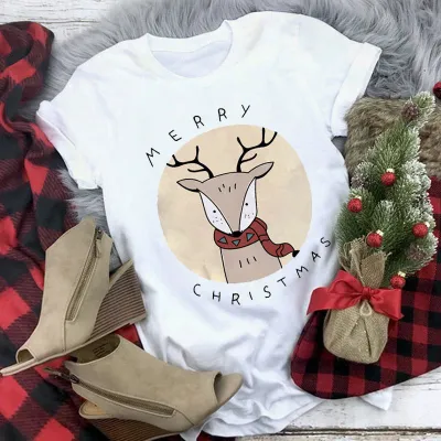 Women Casual Merry Christmas Printed Short Sleeve T-Shirt Crewneck Loose