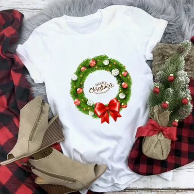 Women Casual Merry Christmas Printed Short Sleeve T-Shirt Crewneck Loose