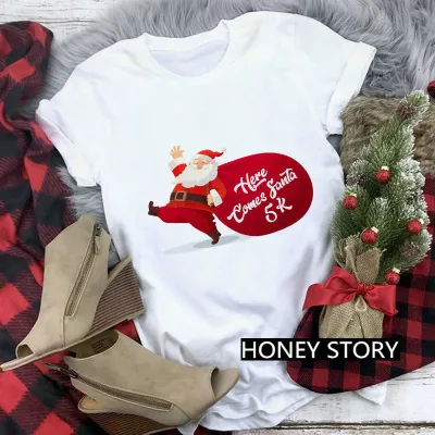 Women Casual Merry Christmas Printed Short Sleeve T-Shirt Crewneck Loose