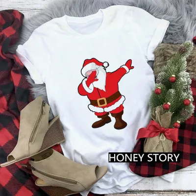 Women Casual Merry Christmas Printed Short Sleeve T-Shirt Crewneck Loose
