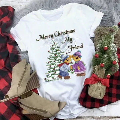 Women Casual Merry Christmas Printed Short Sleeve T-Shirt Crewneck Loose
