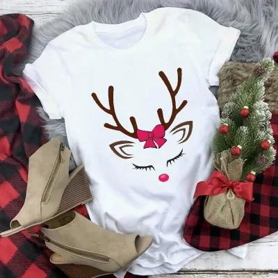 Women Casual Merry Christmas Printed Short Sleeve T-Shirt Crewneck Loose