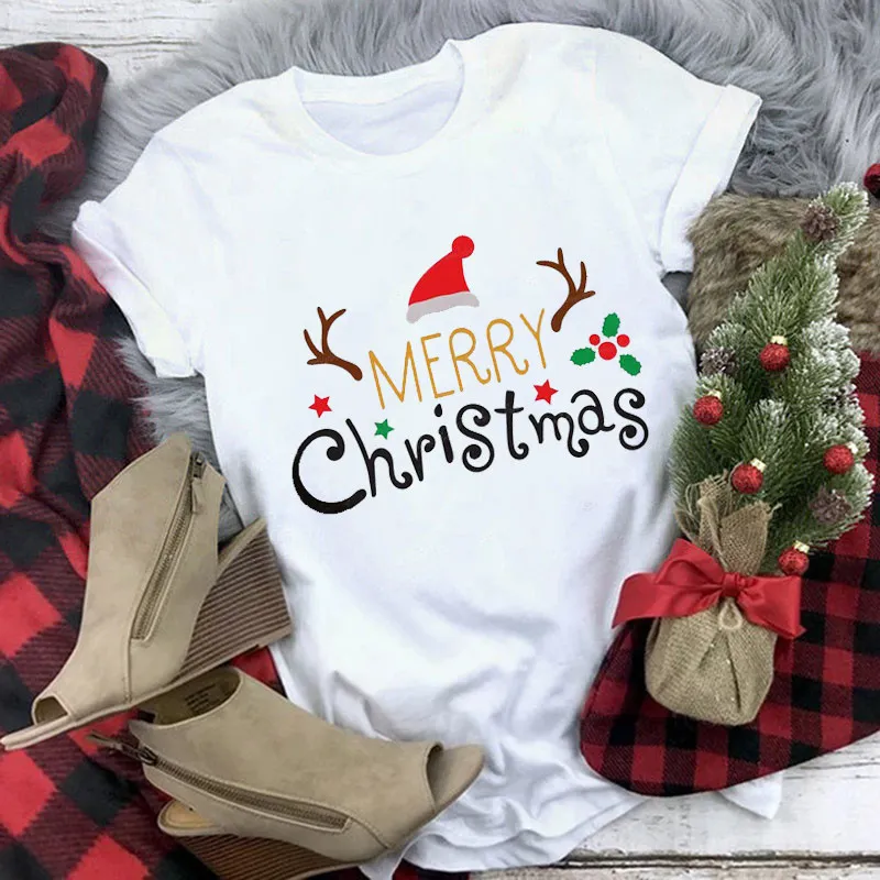 Women Casual Merry Christmas Printed Short Sleeve T-Shirt Crewneck Loose