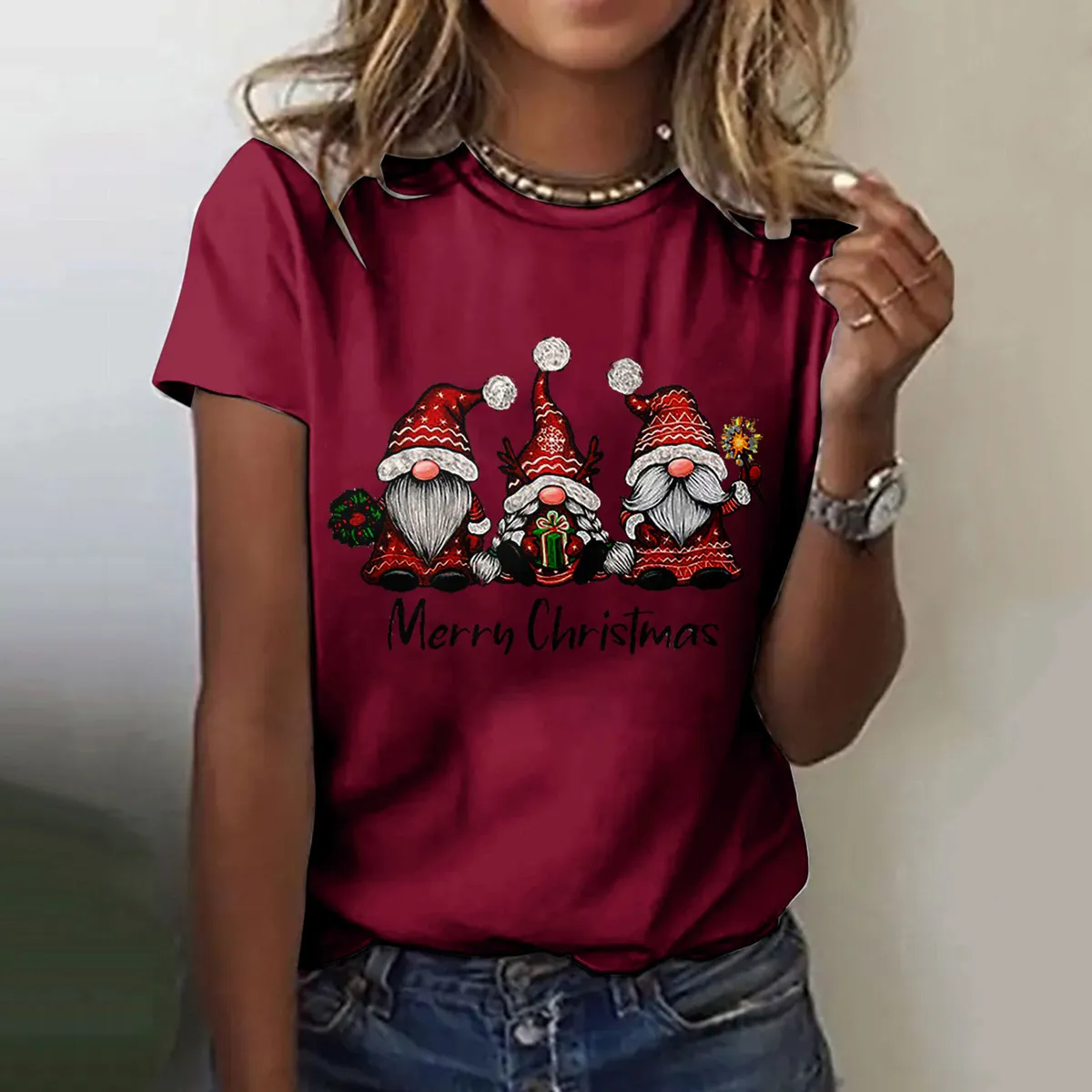 Women Casual Christmas Printed Round Neck Short Sleeve T-Shirt Loose
