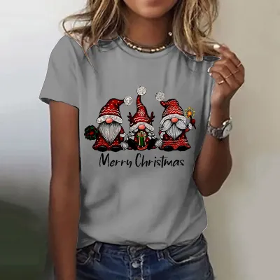Women Casual Christmas Printed Round Neck Short Sleeve T-Shirt Loose