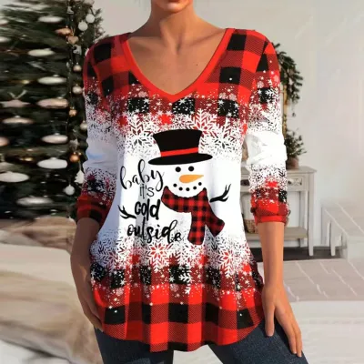 Women Fashion Casual Christmas Snowman Printed Long Sleeve V-Neck Slim T-Shirt