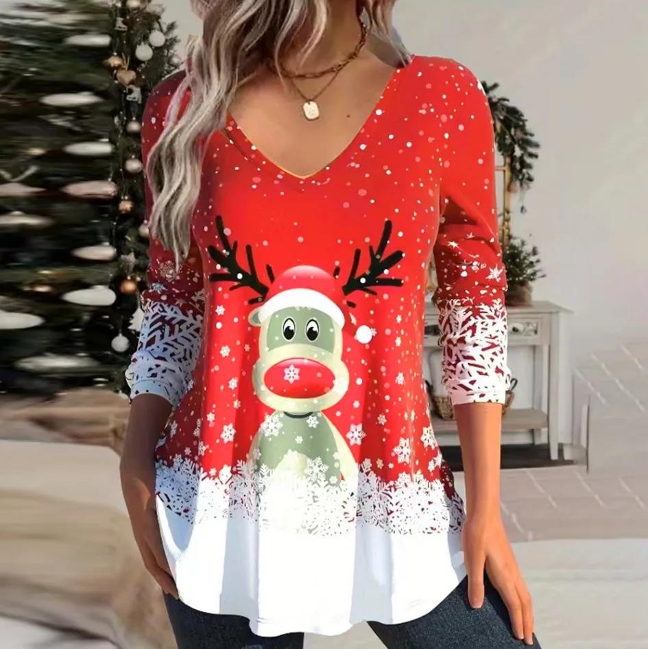 Women Fashion Casual Christmas Snowman Printed Long Sleeve V-Neck Slim T-Shirt