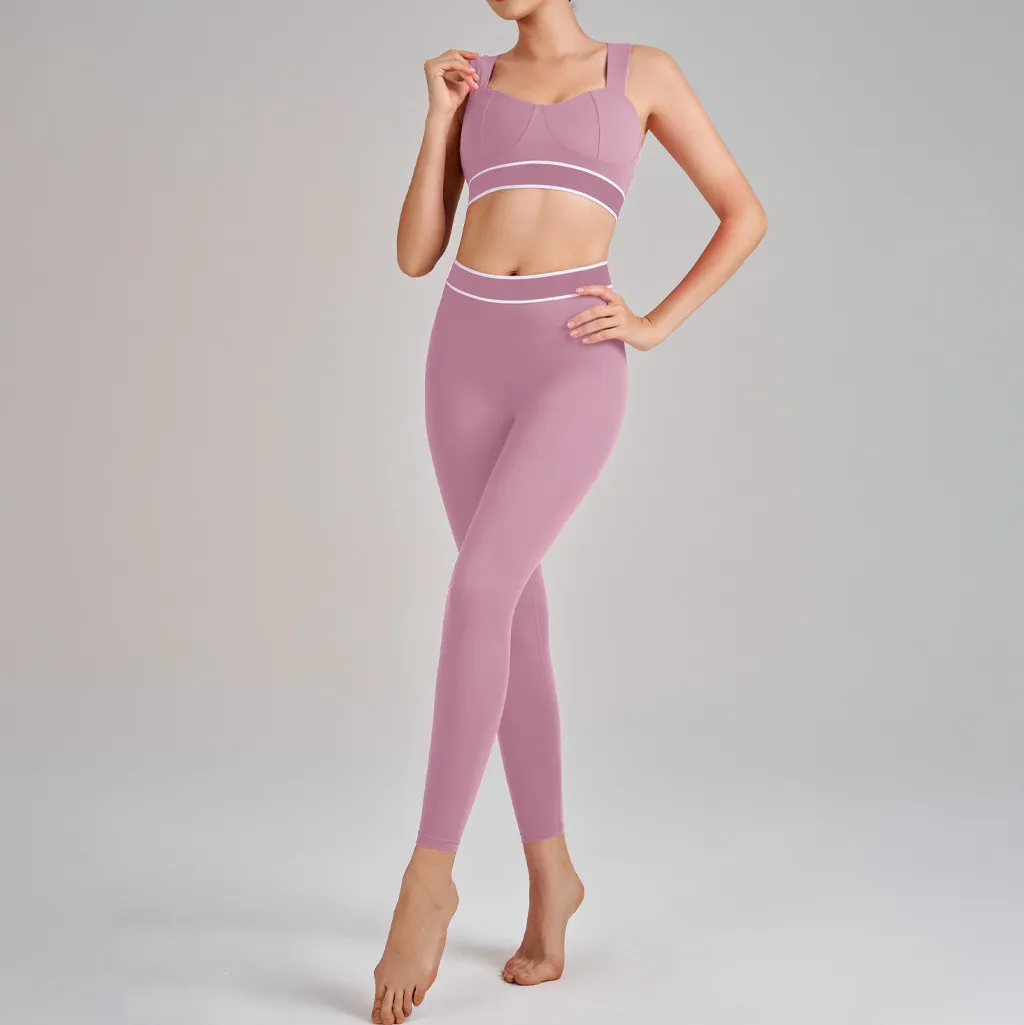 Women Contrast Color Sports Bra High Waist Pants Two-Piece Set