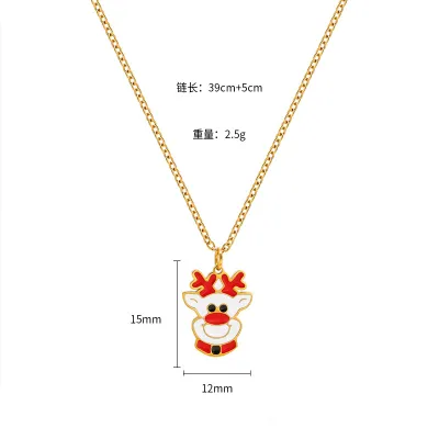 Women Fashion Cartoon Christmas Oil Drip Elk Snowman Bell Stainless Steel O-Chain Necklace