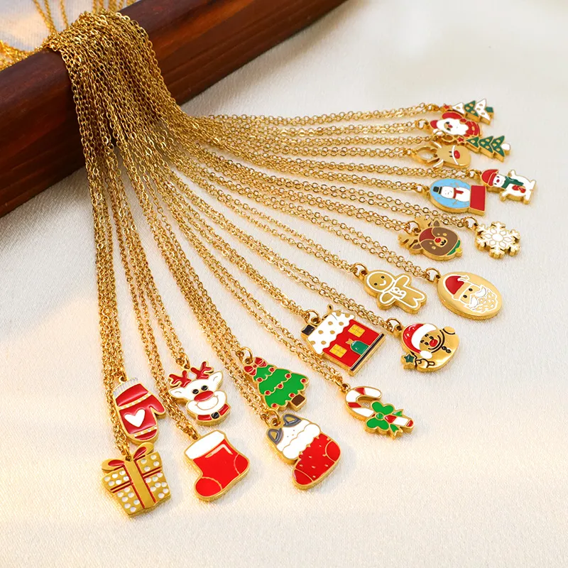 Women Fashion Cartoon Christmas Oil Drip Elk Snowman Bell Stainless Steel O-Chain Necklace