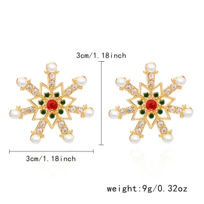 Women Fashion Christmas Snowflake Rhinestone Pearl Earrings Fresh Sweet
