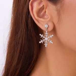 Women Fashion Christmas Snowflake Rhinestone Pearl Earrings Fresh Sweet