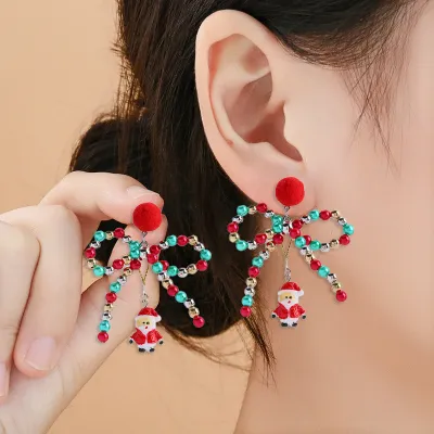 Women Fashion Creative Christmas Multicolor Beaded Bowknot Santa Pendant Earrings