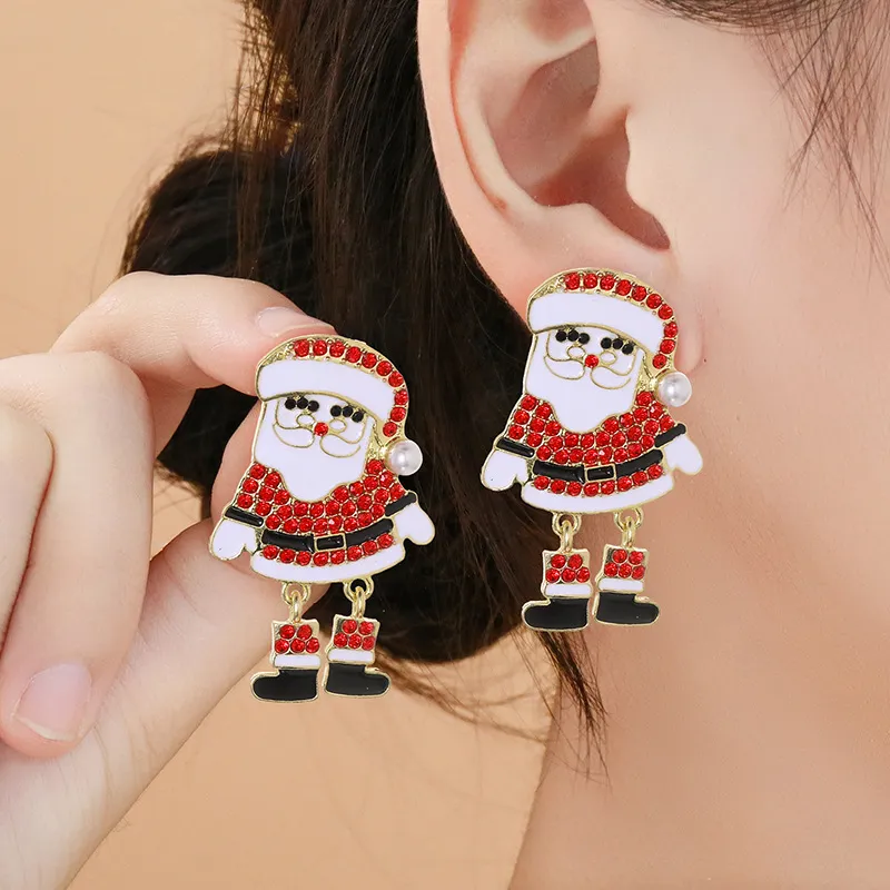 Women Fashion Rhinestone Cartoon Christmas Pendant Earrings