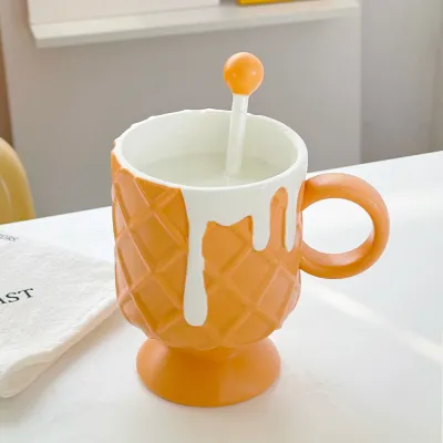 Women Creative Ice Cream Shape Ceramic Cup with Spoon Set Home Kitchen Microwave Safe