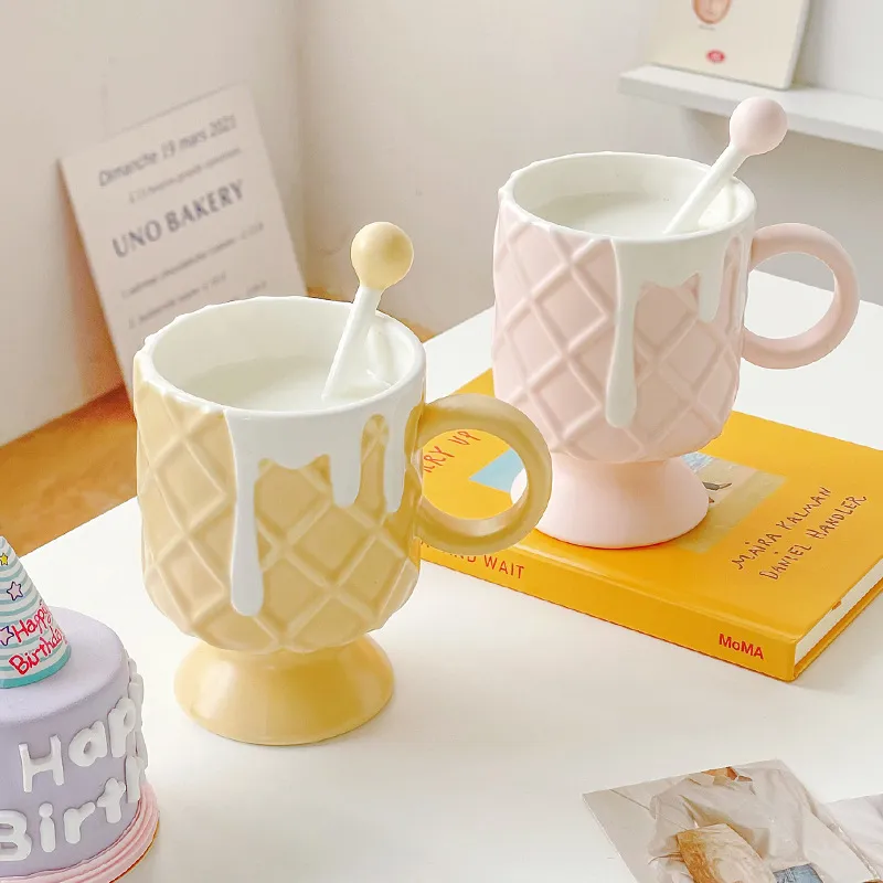 Women Creative Ice Cream Shape Ceramic Cup with Spoon Set Home Kitchen Microwave Safe