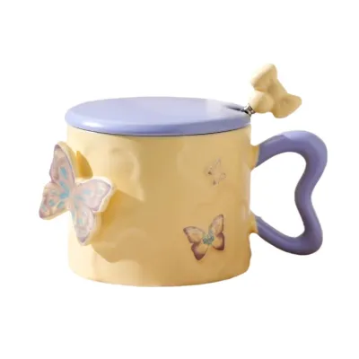 Women Fashion Creative Butterfly Ceramic Mug With Lid Spoon Set 350ml Instagram Wind