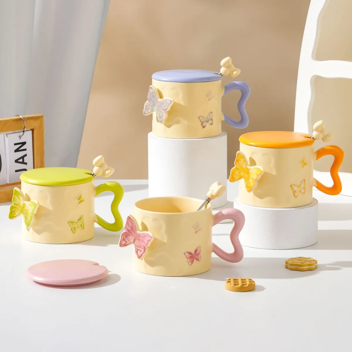 Women Fashion Creative Butterfly Ceramic Mug With Lid Spoon Set 350ml Instagram Wind