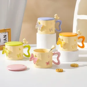 Women Fashion Creative Butterfly Ceramic Mug With Lid Spoon Set 350ml Instagram Wind