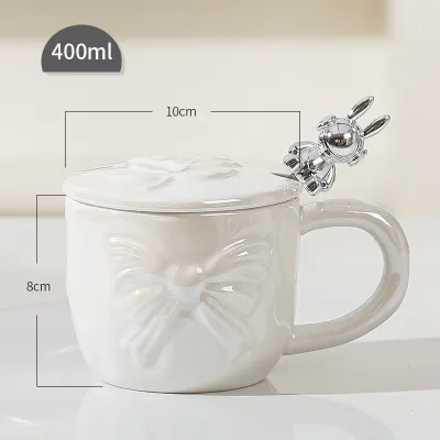 Women Fashion Gradient Embossed Pearlescent Bowknot Ceramic Cup with Lid and Spoon Set