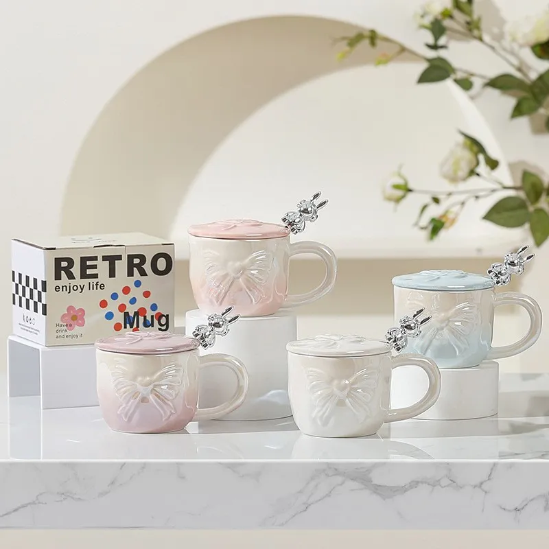 Women Fashion Gradient Embossed Pearlescent Bowknot Ceramic Cup with Lid and Spoon Set