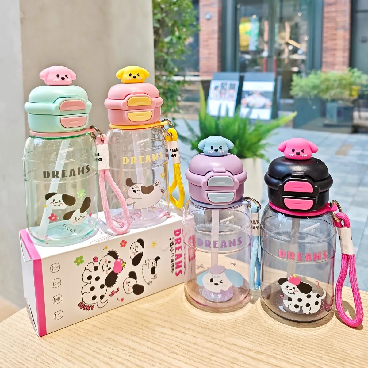 Cartoon Doll Printed Straw Plastic Cup With Lanyard for Home Kitchen Outdoor