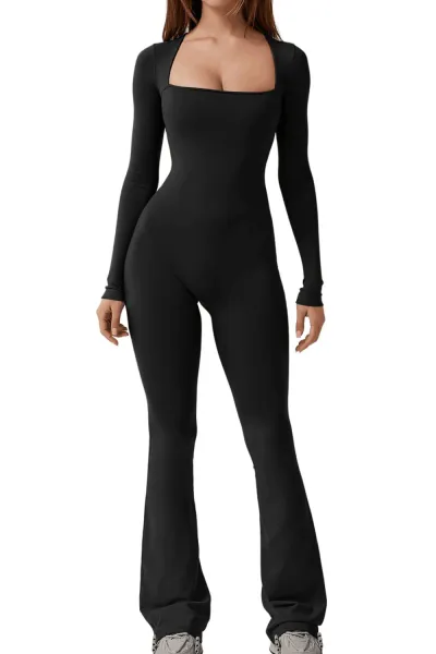 Women Fashion Solid Color Square-Neck Long-Sleeve Tight Wide-Leg High-Elastic Jumpsuit