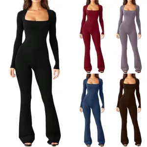 Women Fashion Solid Color Square-Neck Long-Sleeve Tight Wide-Leg High-Elastic Jumpsuit