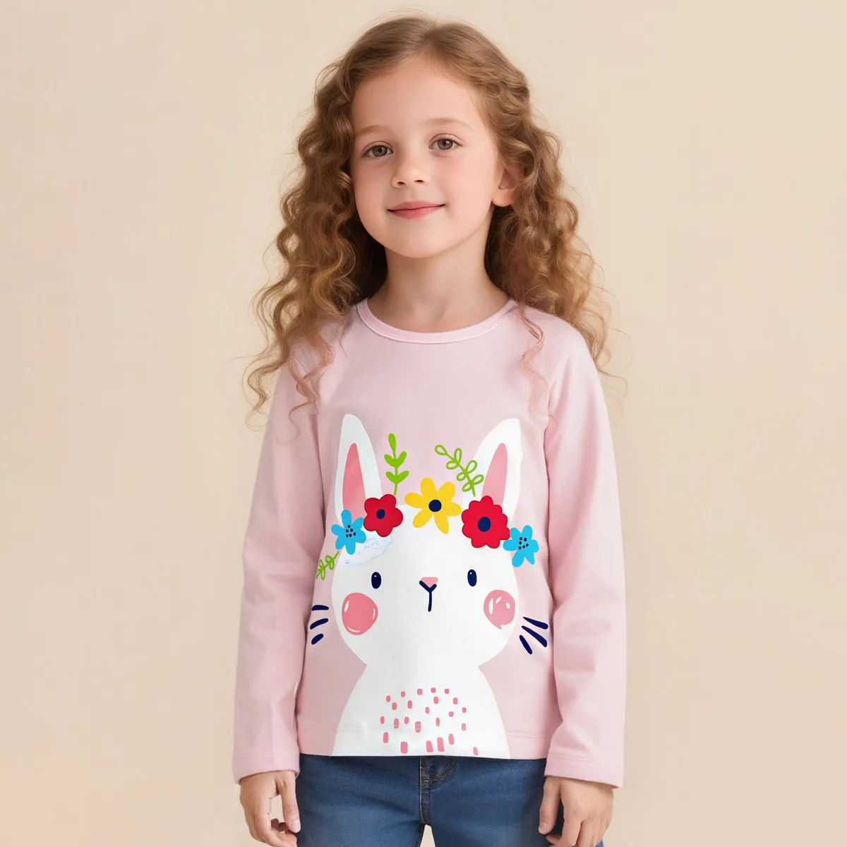 Kids Girls Sweet Cartoon Rabbit Printed Long Sleeve Cotton T-Shirt Autumn Winter Round Neck Top