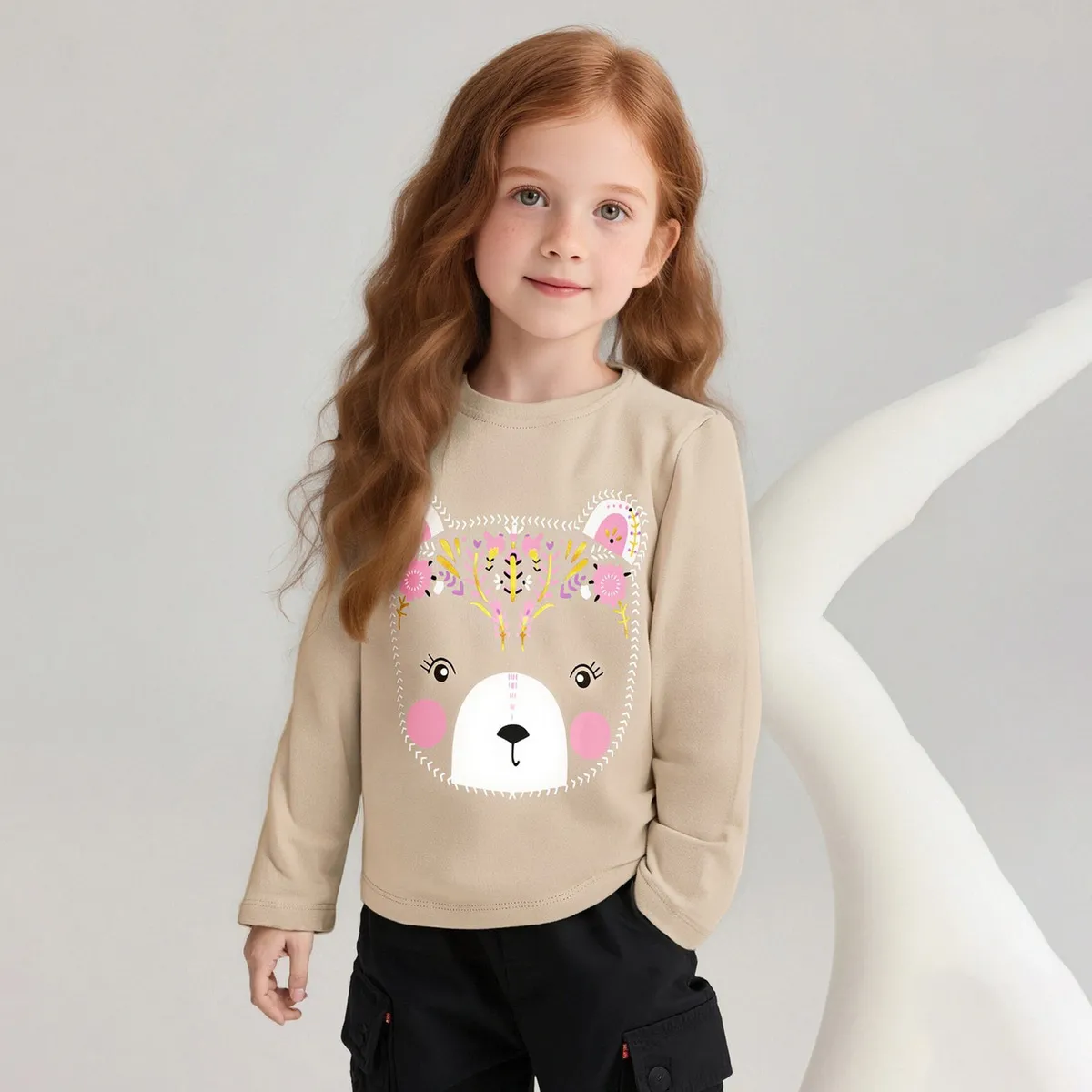 Kids Girls Fashion Cartoon Bear Printed Autumn Winter Long Sleeve Cotton Sweatshirt Round Neck