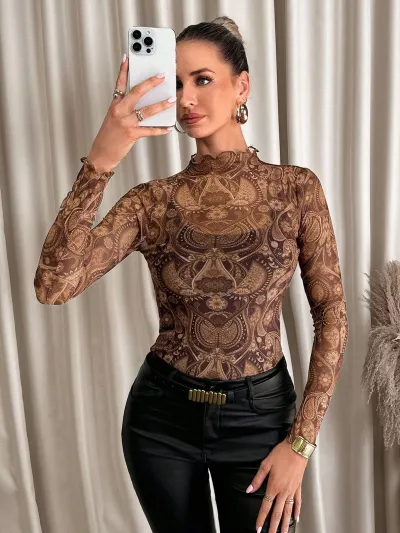 Women Sexy Leopard Mesh Long-Sleeve Slim Fit T-Shirt