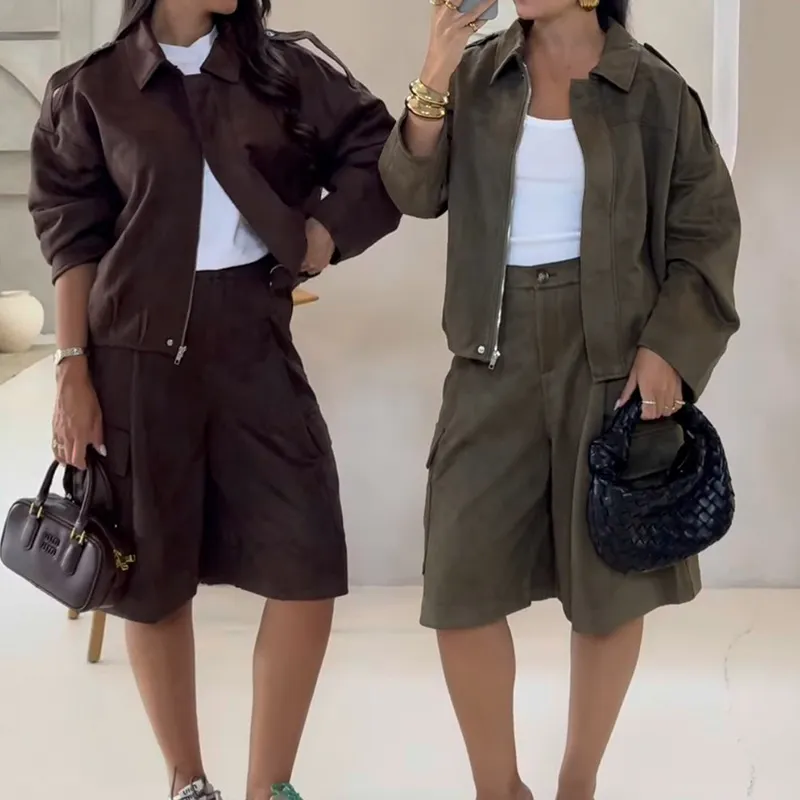 Women Casual Suede Bomber Jacket Coat Street Style