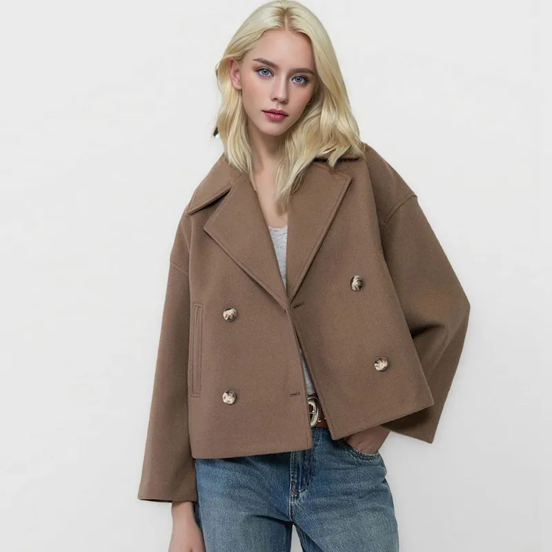 Autumn Winter Women Double-Breasted Lapel Woolen-Like Coat