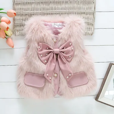 Girl Kids Winter Autumn Faux Fur Bow Plush Vest Cardigan Solid Color