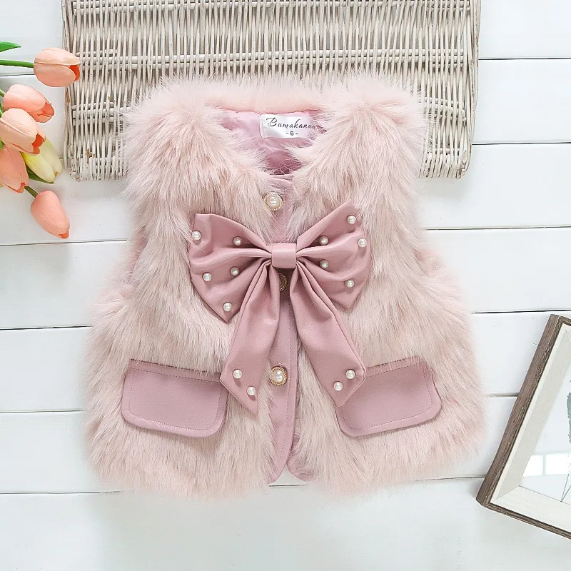 Girl Kids Winter Autumn Faux Fur Bow Plush Vest Cardigan Solid Color