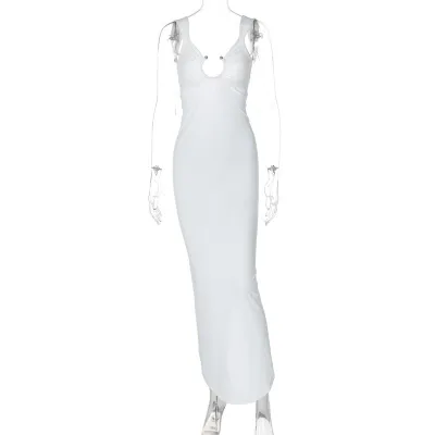Women Summer Sexy V-Neck Backless Split Slim Fit Midi Dress