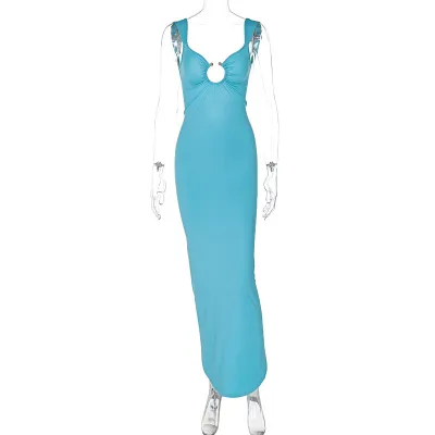 Women Summer Sexy V-Neck Backless Split Slim Fit Midi Dress