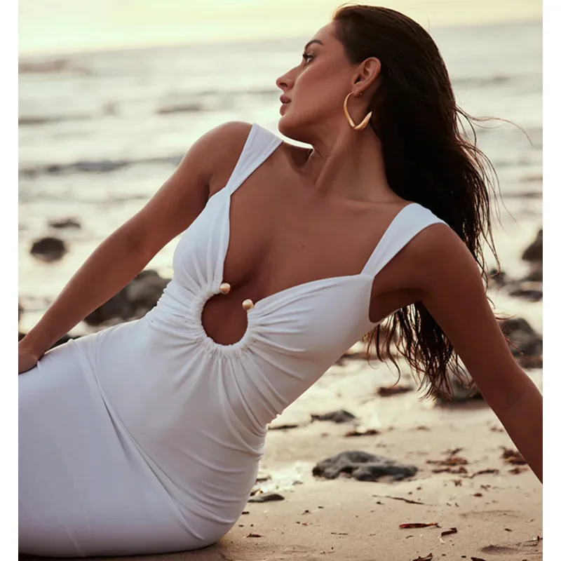 Women Summer Sexy V-Neck Backless Split Slim Fit Midi Dress