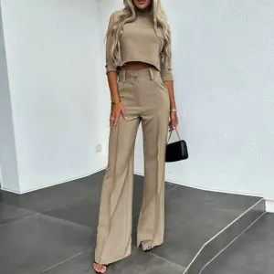 Fashion Casual Women Long Sleeve Top Polyester Pants Two-Piece Set