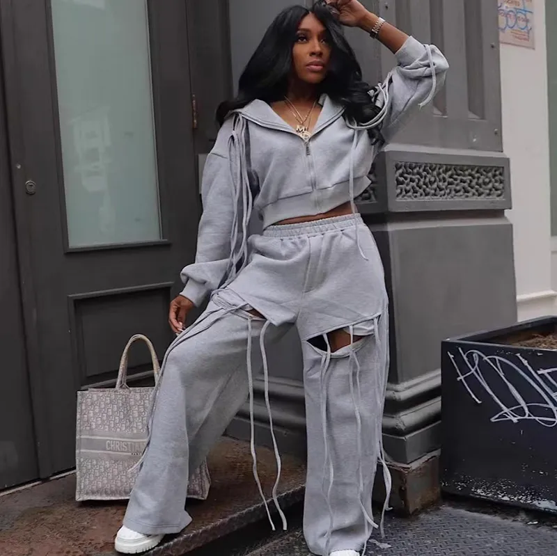 Women Athleisure Loose Ripped Wide Leg Pants Hooded Zipper Jacket Autumn Winter Set