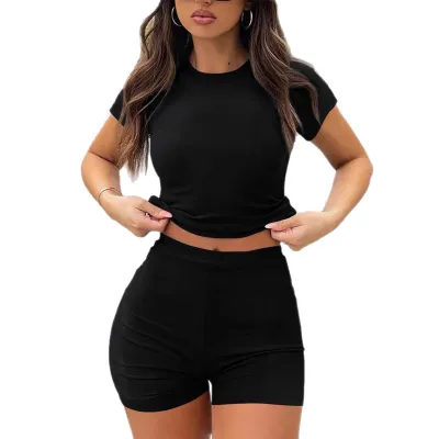 Women Basic Solid Color Short-Sleeved T-Shirt Shorts Casual Set