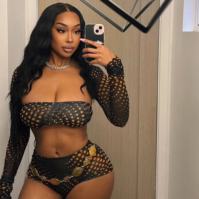 Nightclub Sexy Women Polka Dot Long Sleeve Tube Top Shorts Set